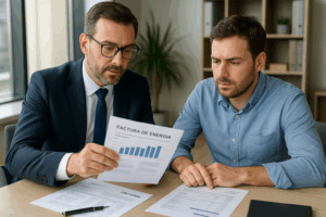 Asesor energético revisando facturas con empresario.