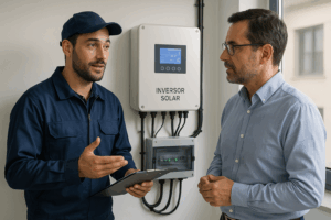 asesor de Optimiza Energy explicando instalación solar
