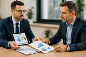 Asesor energético negociando condiciones con empresa