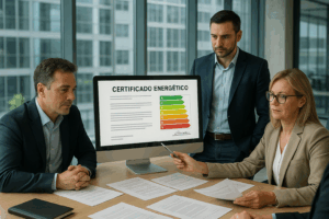 Certificado de ahorro energético digital revisado en una oficina moderna