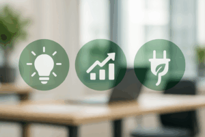Iconos de eficiencia energética (bombilla LED, gráfico de ahorro, enchufe verde) sobre fondo de oficina moderna