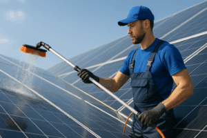técnico limpiando placas solares profesionalmente