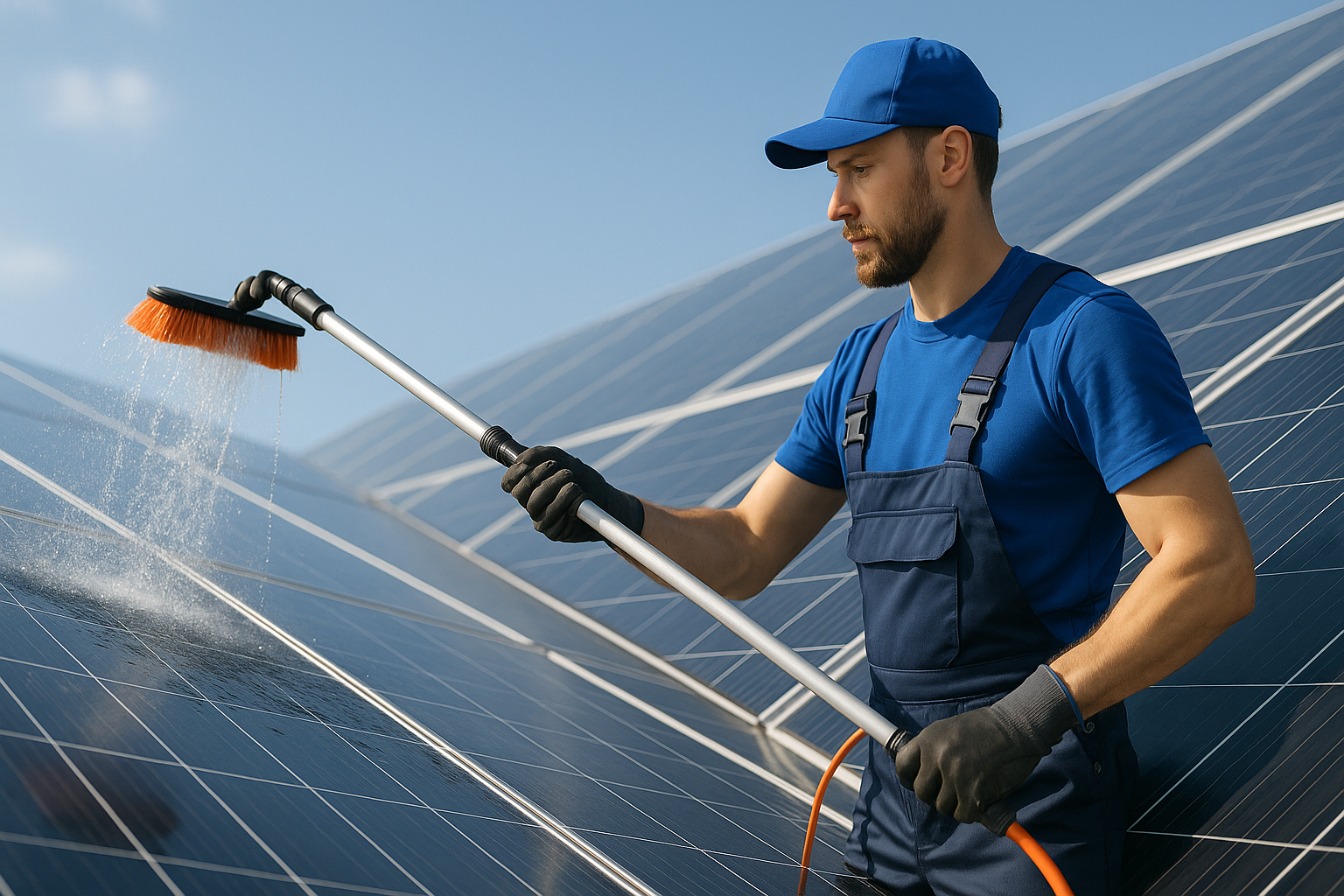 técnico limpiando placas solares profesionalmente