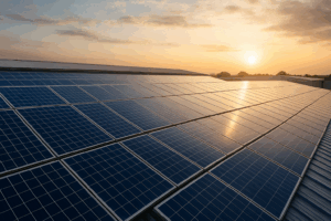 placas solares industriales limpias al amanecer