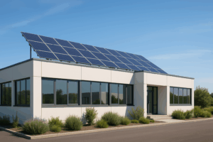 Edificio de oficinas con placas solares en el tejado representando a una pyme sostenible.