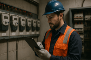 Técnico realizando auditoría energética profesional