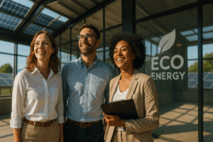 Equipo empresarial satisfecho tras instalar energía solar