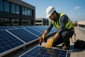 Instalación de paneles solares en el tejado de una pyme